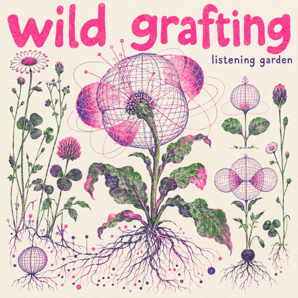 Wild Grafting album cover: botanical drawings, bright pink lettering and violet sound-field spheres.